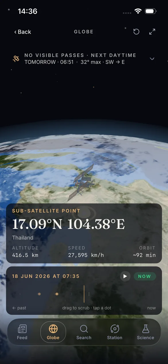 Subpoint live globe showing the ISS sub-satellite point over Thailand with altitude, speed and orbit data.