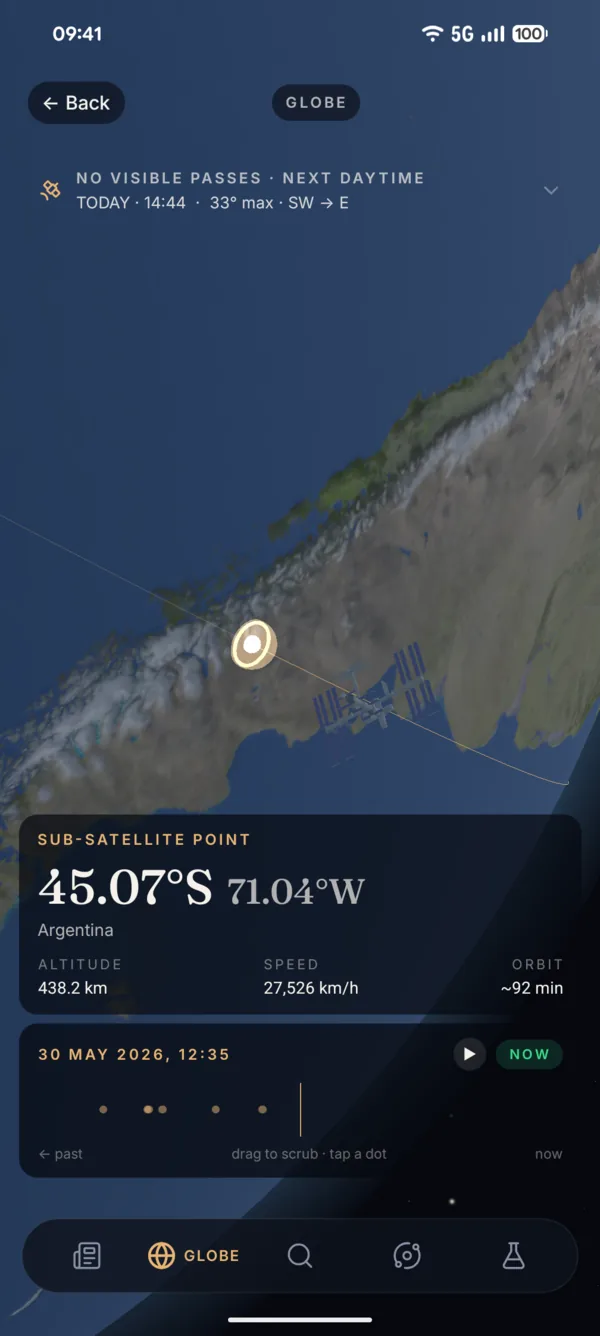 Subpoint live globe showing the ISS sub-satellite point over Argentina with altitude, speed and orbit data.
