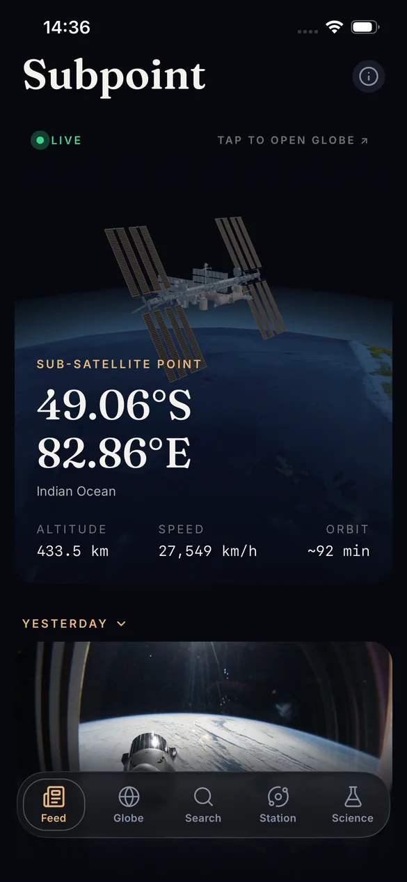 Subpoint daily activity feed with the ISS over Earth and plain-language entries about onboard work.