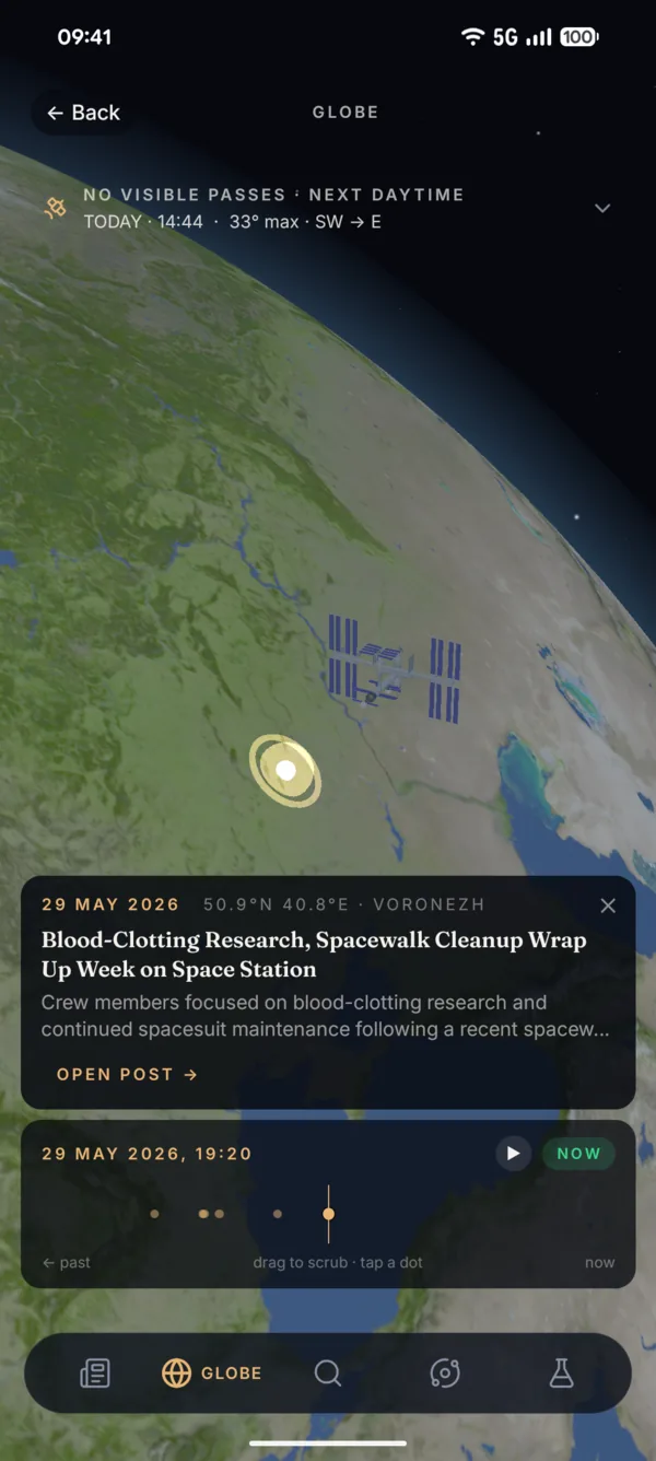 Subpoint daily activity view with the ISS over Earth and a blog post about onboard research.