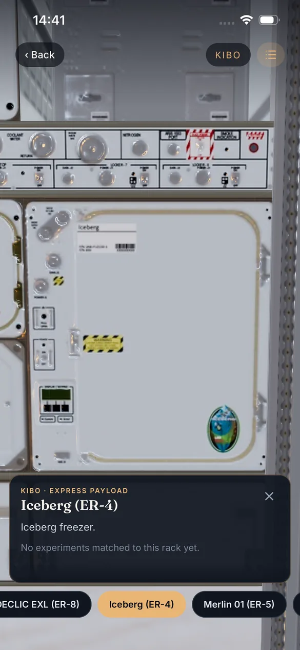 Subpoint module view zoomed to an individual experiment rack inside the station.