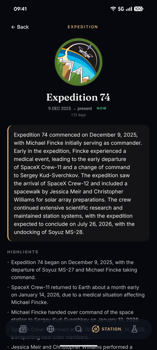 Subpoint Expedition 74 page with mission patch, dates, commander and highlights.