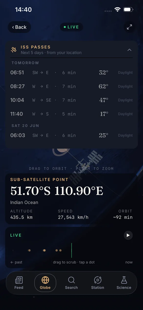Subpoint ISS pass prediction overlay on the globe with the next visible pass from the user’s location.