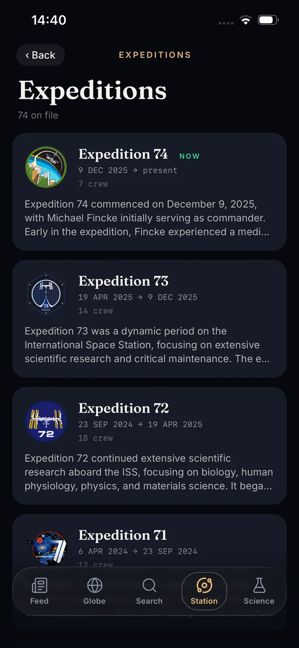 Subpoint Expeditions list with mission patches, dates and crew counts.